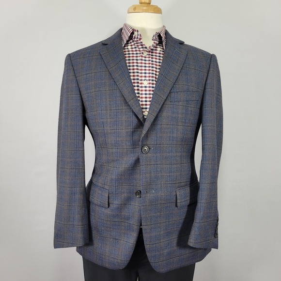 Pronto Uomo Platinum Mens Sport Coat Blazer Two Button Navy Brown Plaid Wool 38S